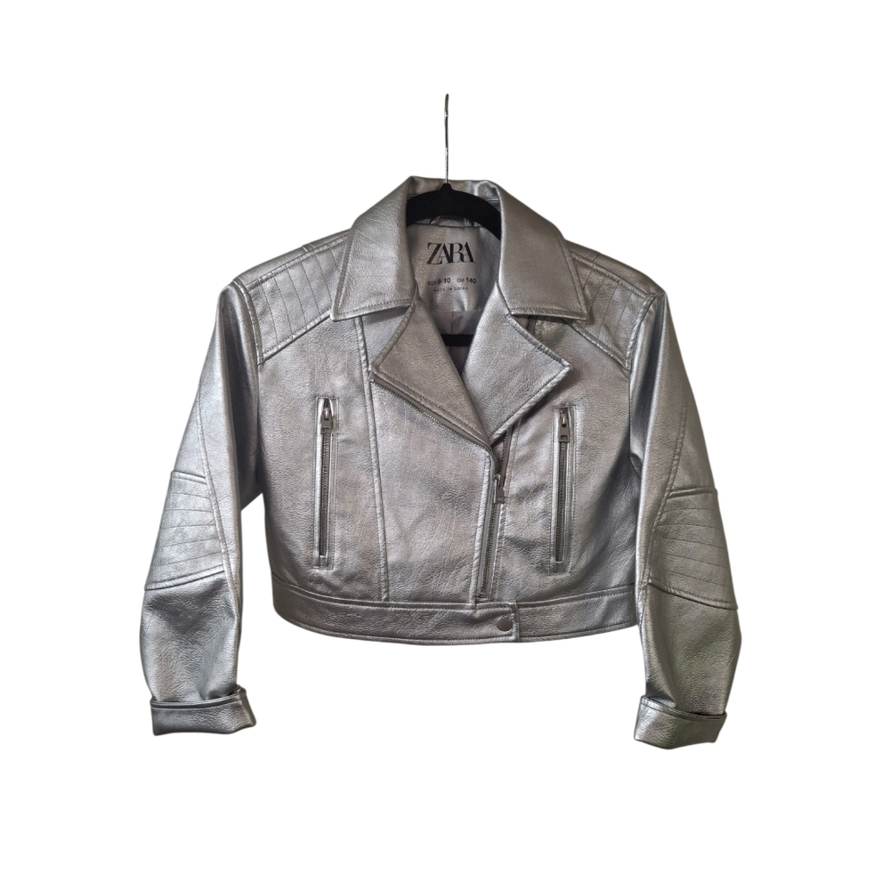 ZARA metallic flax leather silver biker jacket Size: 9-10 Kids